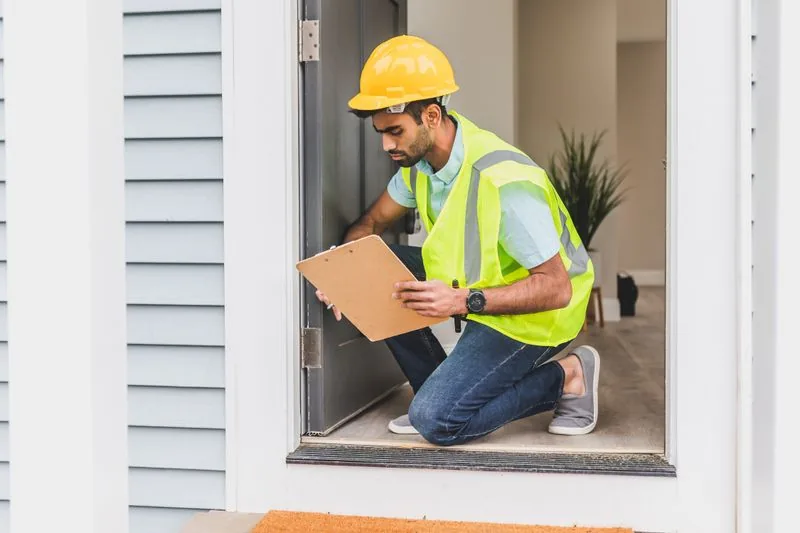 Technician inspecting a door on site