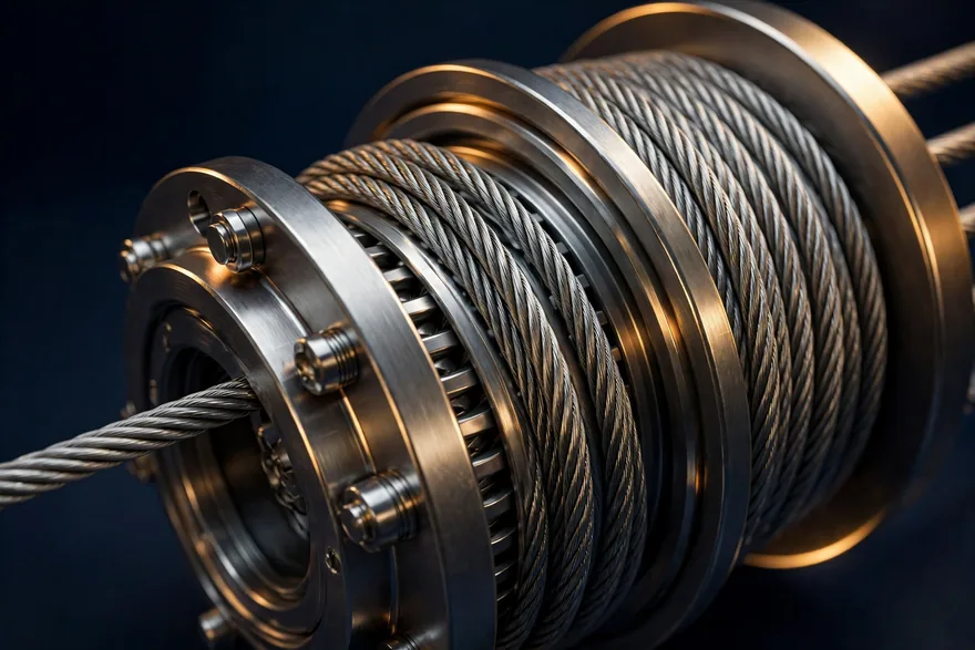 Steel garage door lift cables close-up