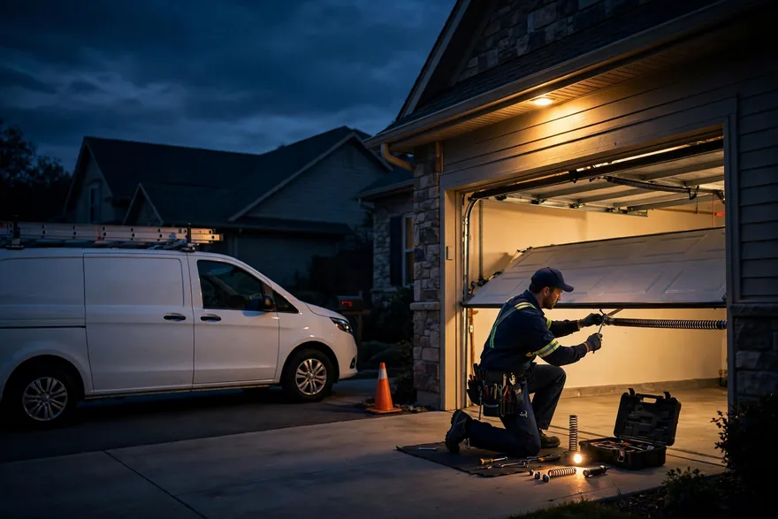 Emergency garage door repair van at dusk